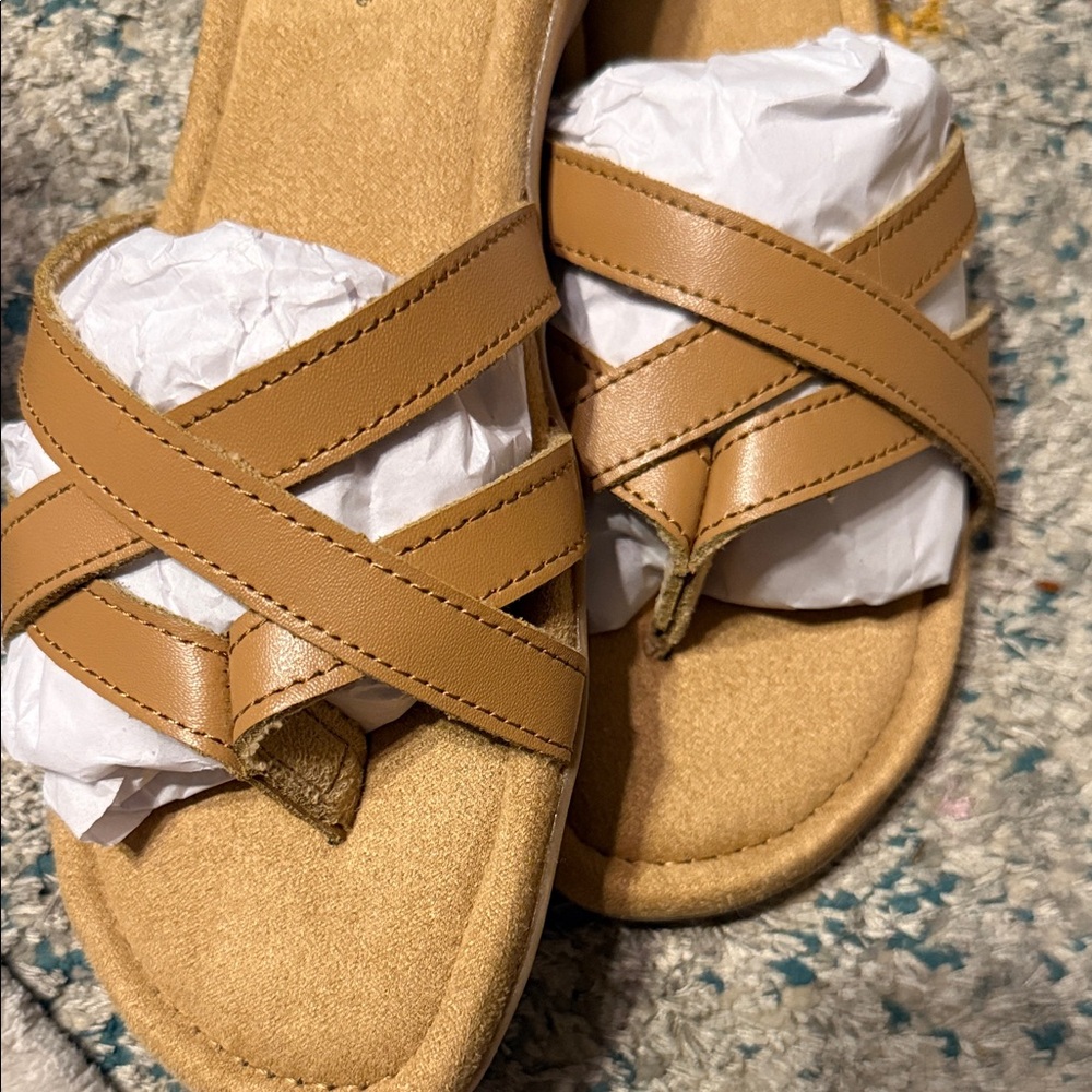 Minnetonka Tan Leather Crisscross Slide Sandals - Picture 8 of 8